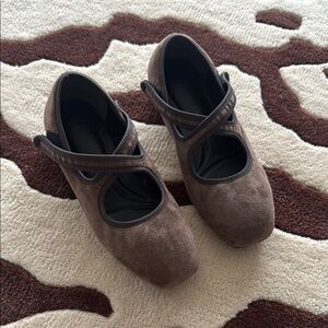 Brown Suede Mary Jane Ballet Flats with a Velcro Cross Strap